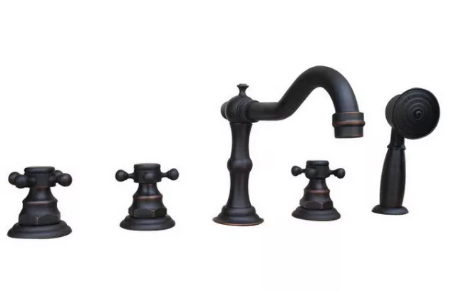 Oil Rubbed Bronze 5 Holes Deck-Mount Roman Bath Tub Faucet Hand Shower ttf062