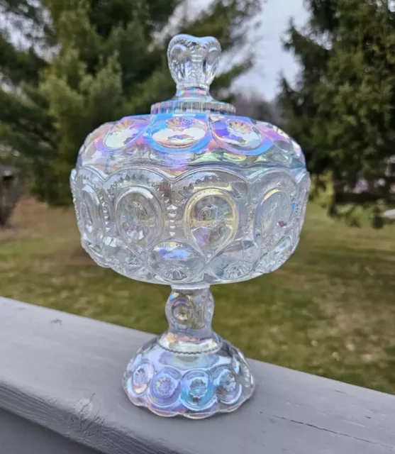 Carnival Moon And Star Glass Clear Iridescent Large Compote Candy Dish