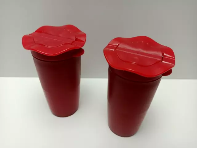 Tupperware Salt & Pepper Shakers / Spice Containers - Red - Paired - Double Lid-