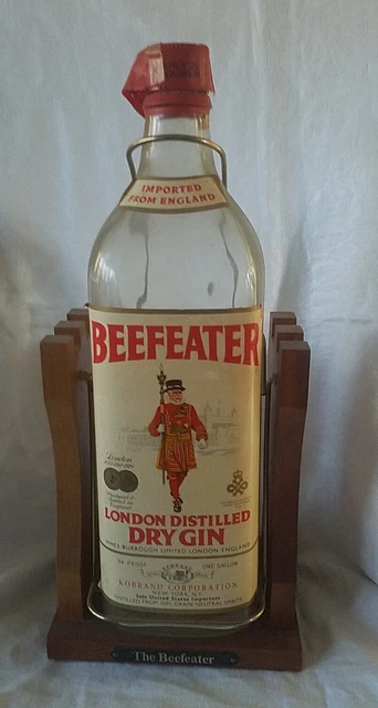 Vintage One Gallon Beefeater Dry Gin Bottle In Wood/Metal Pouring Cradle