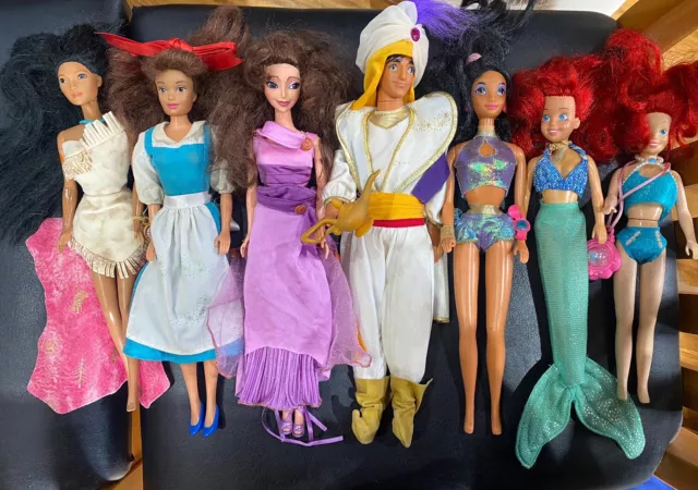 Disney Mattel Barbie Dolls Job Lot X7 Aladdin Jasmine Ariel Belle Pocahontas Meg