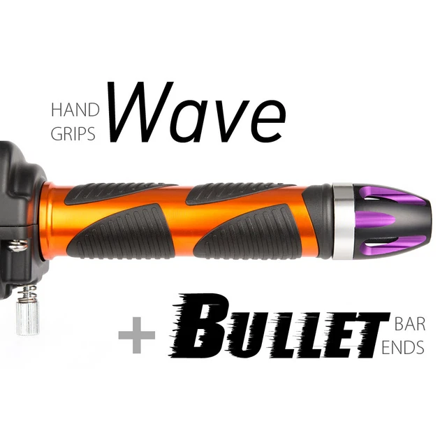 KiWAV Motorcycle Wave Grips Orange with Bullet Bar Ends Purple/Silver
