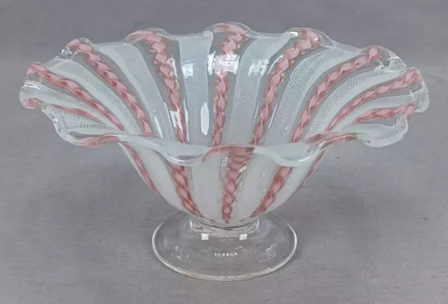 Vintage Murano Zanfirico Latticino Aventurine Pink White & Clear Compote B