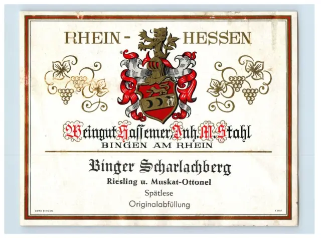 1970's-80's Rhein Hessen Beingut Haffemer Bingen German Wine Label Original S29E