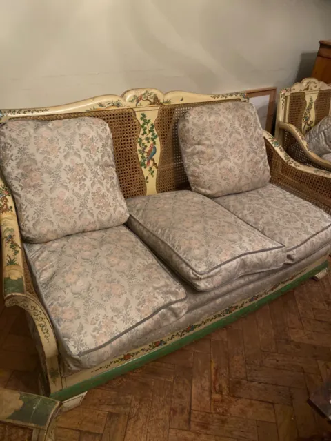 Rare Edwardian Chinoiserie 3-Piece Sofa Bergere Suite Hand Painted & Embossed