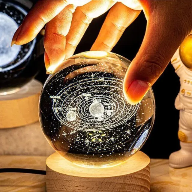 Sistema solar 3D bola de cristal hogar USB muebles luz nocturna base de madera regulable