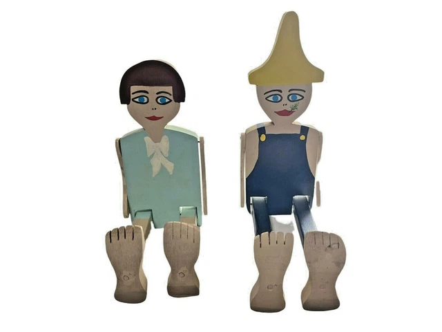 Vintage Large Wood Jointed Farmer Dancing Dolls Appalachia Ozark 1960'S