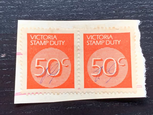 1966 Australia Victoria Stamp Duty 50C Orange Red Pair - Used On Piece