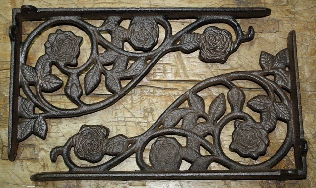 4 Cast Iron Antique Style ROSE Brackets Garden Braces Shelf Bracket HD FLOWER
