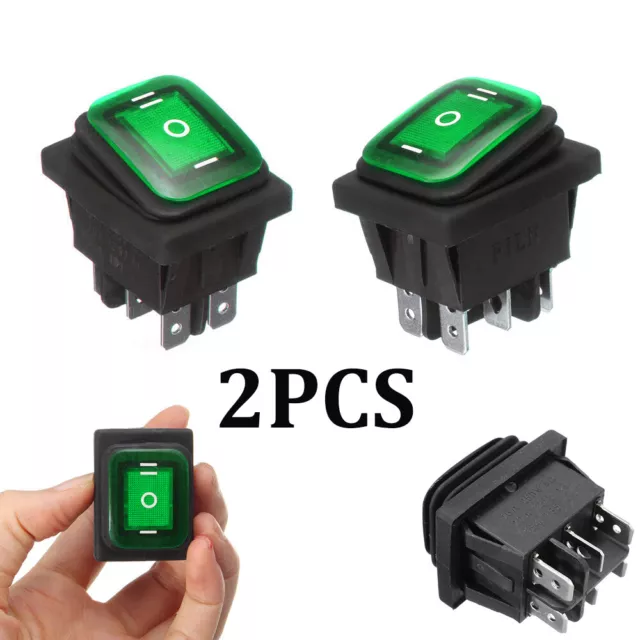 2 Waterproof 3-Position Rocker Switch Green LED ON/OFF/ON 6-Pin DPDT AC 10A/250V