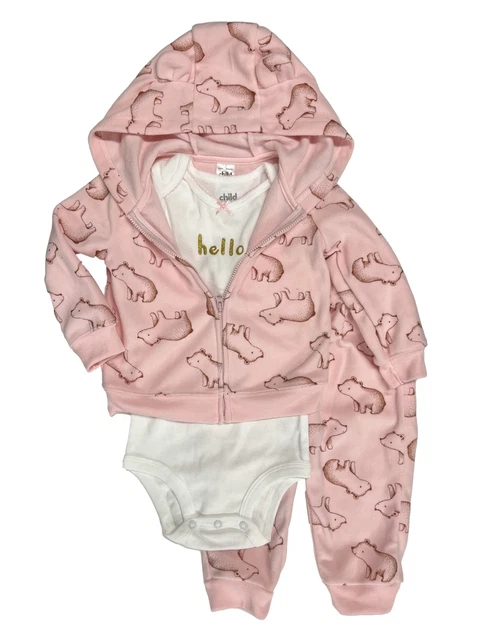 Carters Infant Girls 3PC Pink Fleece Bear Jacket & Pants With Bodysuit 18 Months