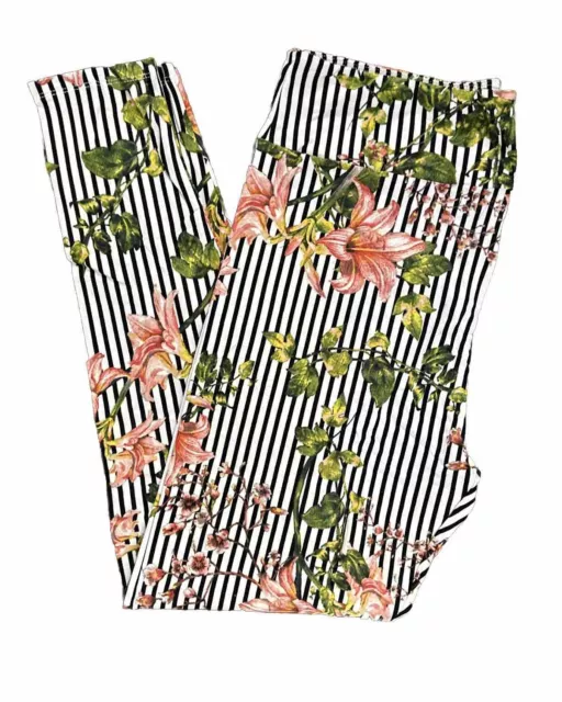 TC Lularoe Tall & Curvy Leggings Floral Lily Stripe Black White NEW
