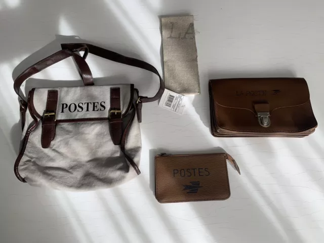 1985 PTT La Poste Lot Cuir Vintage Sacoche Portefeuille Sac A Main Besace Ancien