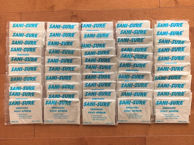 Lot 50 Sani-Sure Poly Apron Plastic Disposable Heavy Weight White