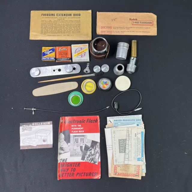 Vintage Rolleiflex Camera Accessories Lot Flashgaurd Lenses Adapter & More