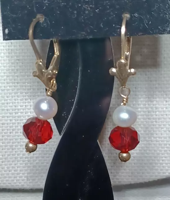 Gold Filled 14kt Red Crystal Bicone Dangle Earrings