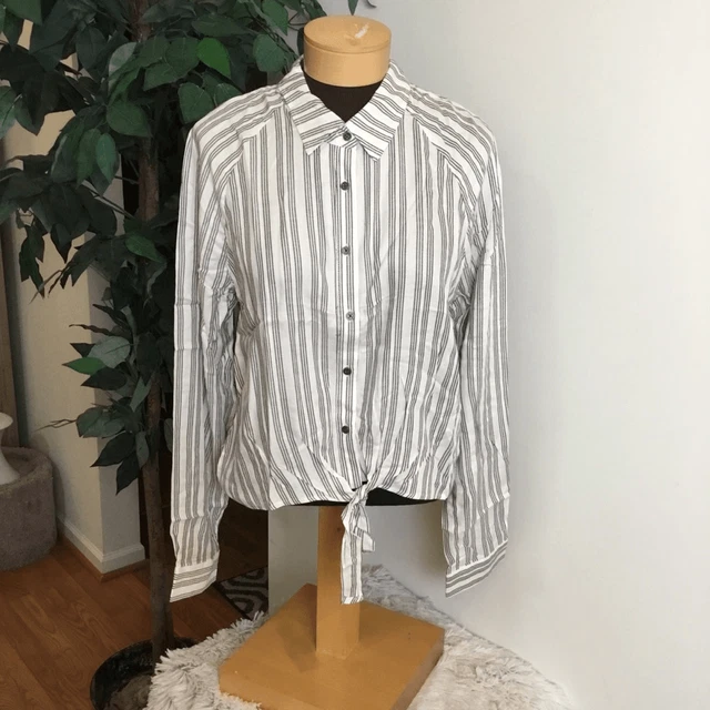 Love,Fire button down Woman’s Large black/white stripe knot front long sleeve