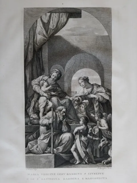 1830 Grabado Maria Virgen con Niño San José Santa Caterina MArgherita cm. 47x30