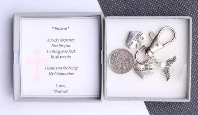 Personalised Godmother Thank you Lucky Sixpence Novelty Keyring - Gift