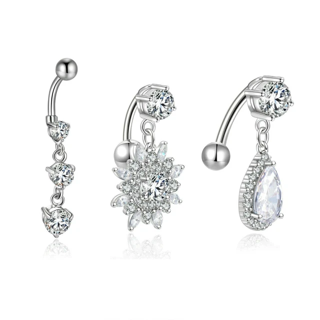 14g Surgical Stainless Steel Flower Cubic Zirconia Dangle Navel Belly Button US