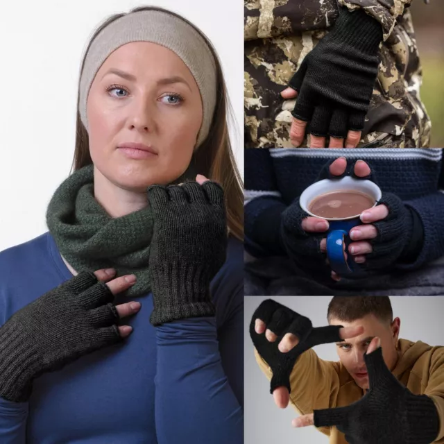 New Mens & Womens Plain Fingerless Adult Gloves Thermal Winter Warm Half Finger