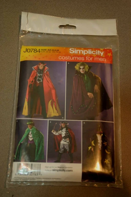 Mens New Costume Pattern UNCUT Simplicity XS S M Sewing Cape Devil Wizard Pirate