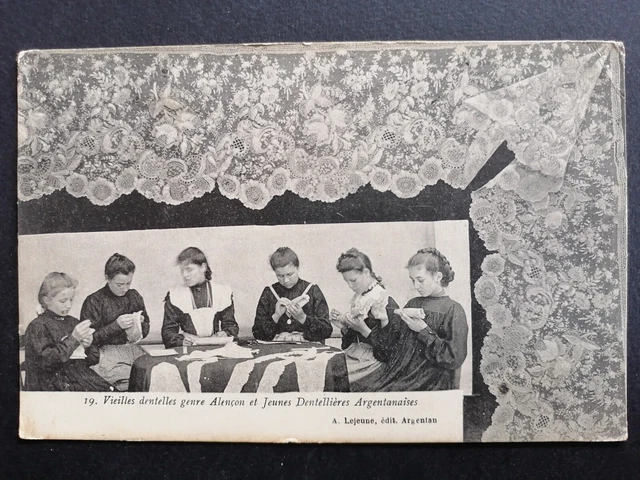 cpa ARGENTAN STATION seal old LACE genre ALENÇON and young LACE