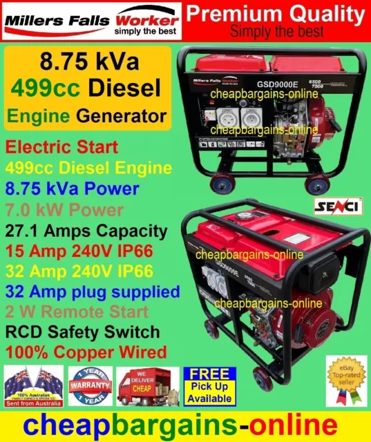 8.7kVa SENCI DIESEL GENERATOR ELECTRIC START 15 Amp + 32 Amp 240V OUTLETS AVR HD