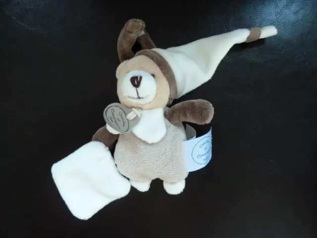 B7- DOUDOU ET COMPAGNIE OURS MOUCHOIR BLANC MARRON BEIGE attache têtine - NEUF *