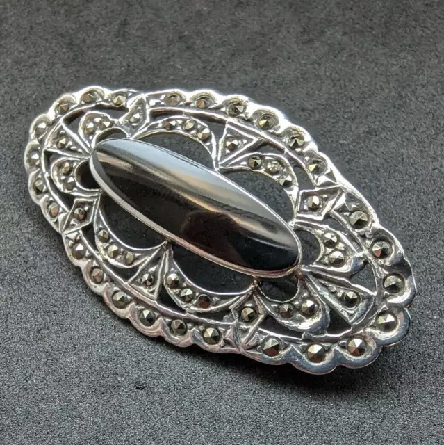 Art Deco Brosche Onyx Markasiten Sterling Silber 925