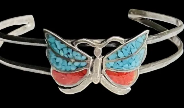 Vtg Native Sterling Silver Butterfly Turquoise Coral Chip Inlay Cuff Bracelet