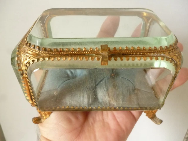 IMPORTANTE BOITE À BIJOUX NAPOLÉON III 19éme LAITON VERRE BISEAUTÉ VICTORIAN BOX