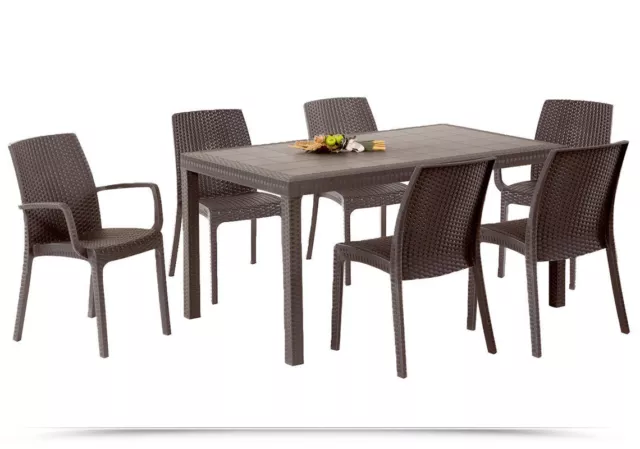 Tavolo Rettangolare 150X90 + 6 Sedie Da Esterno Giardino Poli Rattan Resina