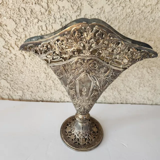 Vintage Godinger GSA 1991 Silverplated Floral Etched Flat Fan Vase 9.5" tall