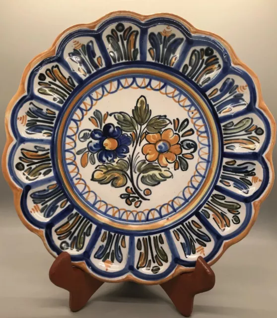 VTG Majolica Talavera Hand Painted Plate Spain Faience Scalloped Floral 10"