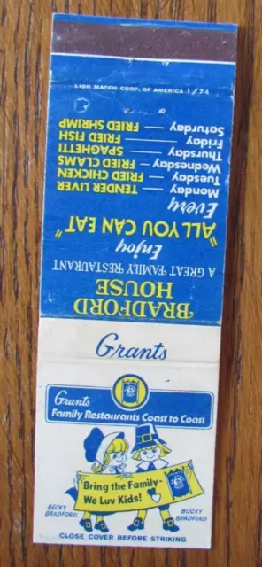 Grants Bradford House Matchbook Cover: Empty Restaurants Matchcover -C18