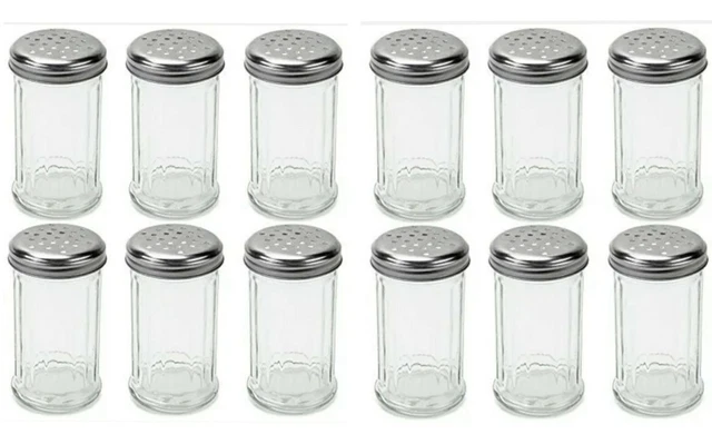 Set of 12- 12 Oz. Cheese Shaker Seasoning Dispenser, Glass, Perforated Steel Lid