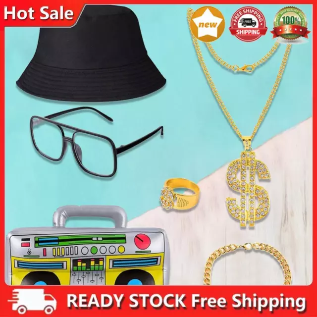 80s/90s Rapper Accessories Hat Dollar Necklace Glasses Bracelet for Retro Party