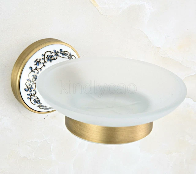 Vintage Antique Brass Wall Mounted Bathroom Glass Soap Dish Holder