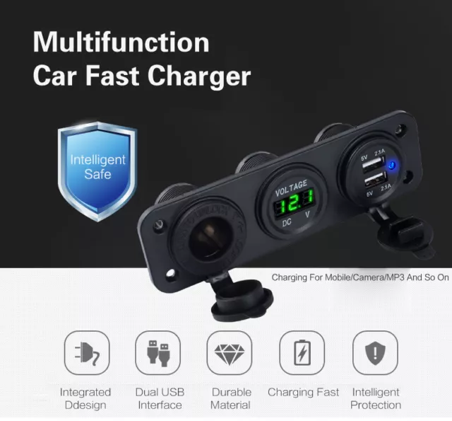 12V-24V Car Dual USB Port Charger Cigarette Lighter Socket with Voltmeter Panel