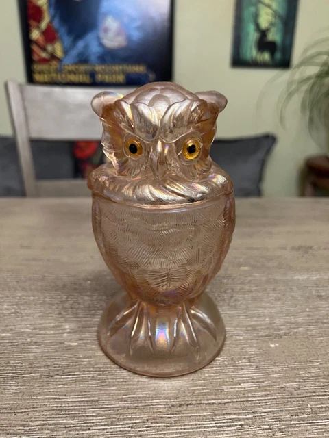 Glass Owl Jar w Lid Imperial  Lenox Light Pink Iridescent