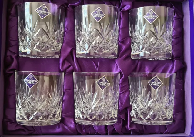 6x Etched Edinburgh Crystal Tay Cut Whisky Tumblers. Boxed