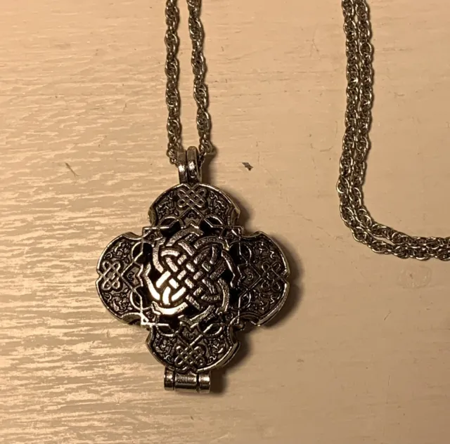 Celtic Style Locket Pill Keep Necklace, Silver Tone, Mystery Compartment