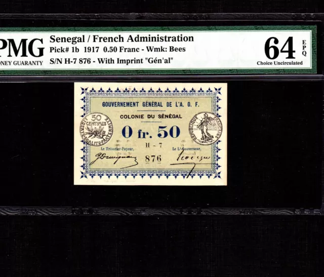 Senegal 0.50 Franc 1917 P-1b * PMG Unc 64 EPQ * French Administration *