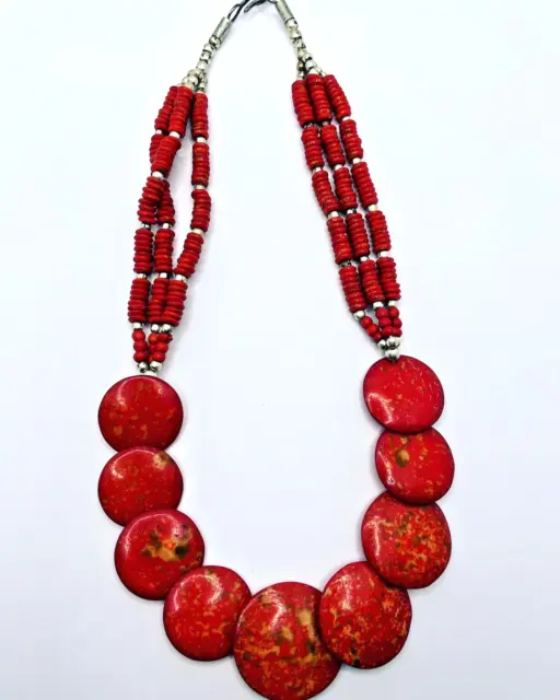 Vintage Necklace Red Stone Bead 1960s Costume Jewellery Hook Fasten
