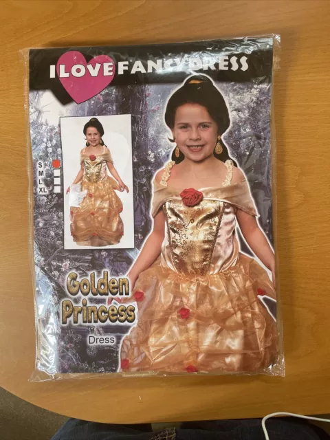 GOLDEN PRINCESS COSTUME FAIRYTALE BOOK DAY BEAUTY GIRLS FANCY DRESS Halloween S