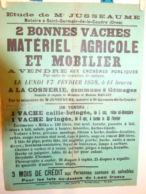 Gemages Orne Affiche Vente A La Cosnerie A Mr Et Mme Maillet Annee 1958 Vaches