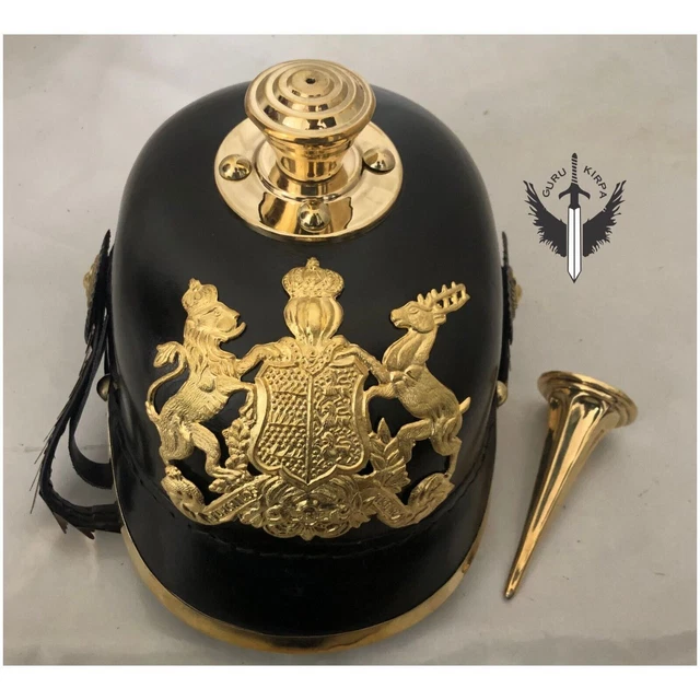 Casco Alemán Pickelhaube De Cuero Con Pincho De Latón, Réplica Histórica Para Disfraces Y Colección