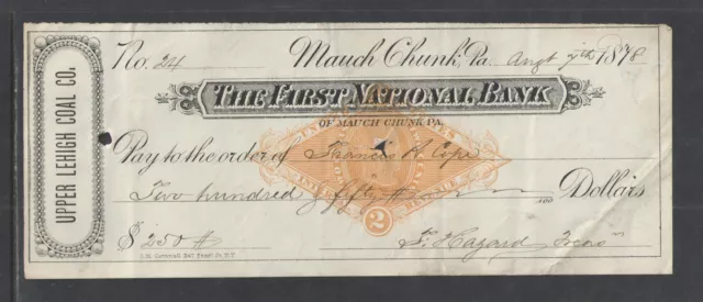 1878 First National Bank Of Mauch Chunk Pa Upper Lehigh Coal Bank Check Revenue