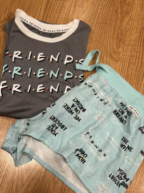 Friends Womens XL 2 Piece Short Sleeve Shorts Pajama Set Gray Top Blue Bottoms